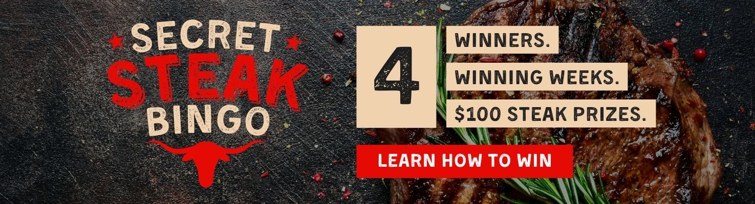 Secret Steak Bingo promotion for youth mission trips, offering four winning weeks and four $100 steak prizes