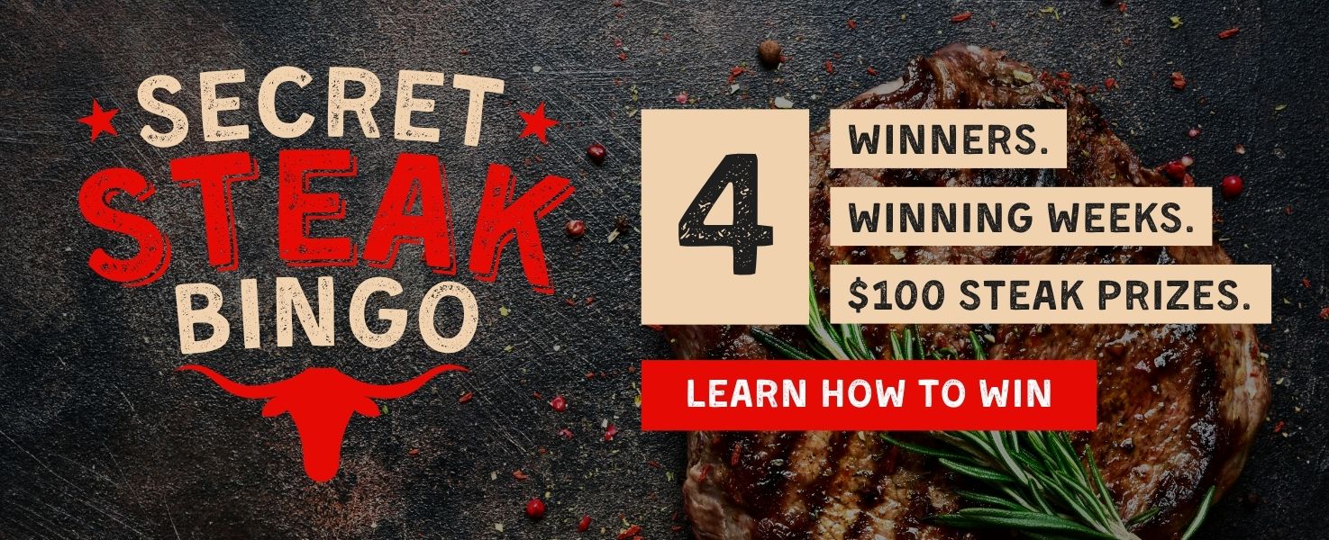 Secret Steak Bingo promotion for youth mission trips, offering four winning weeks and four $100 steak prizes